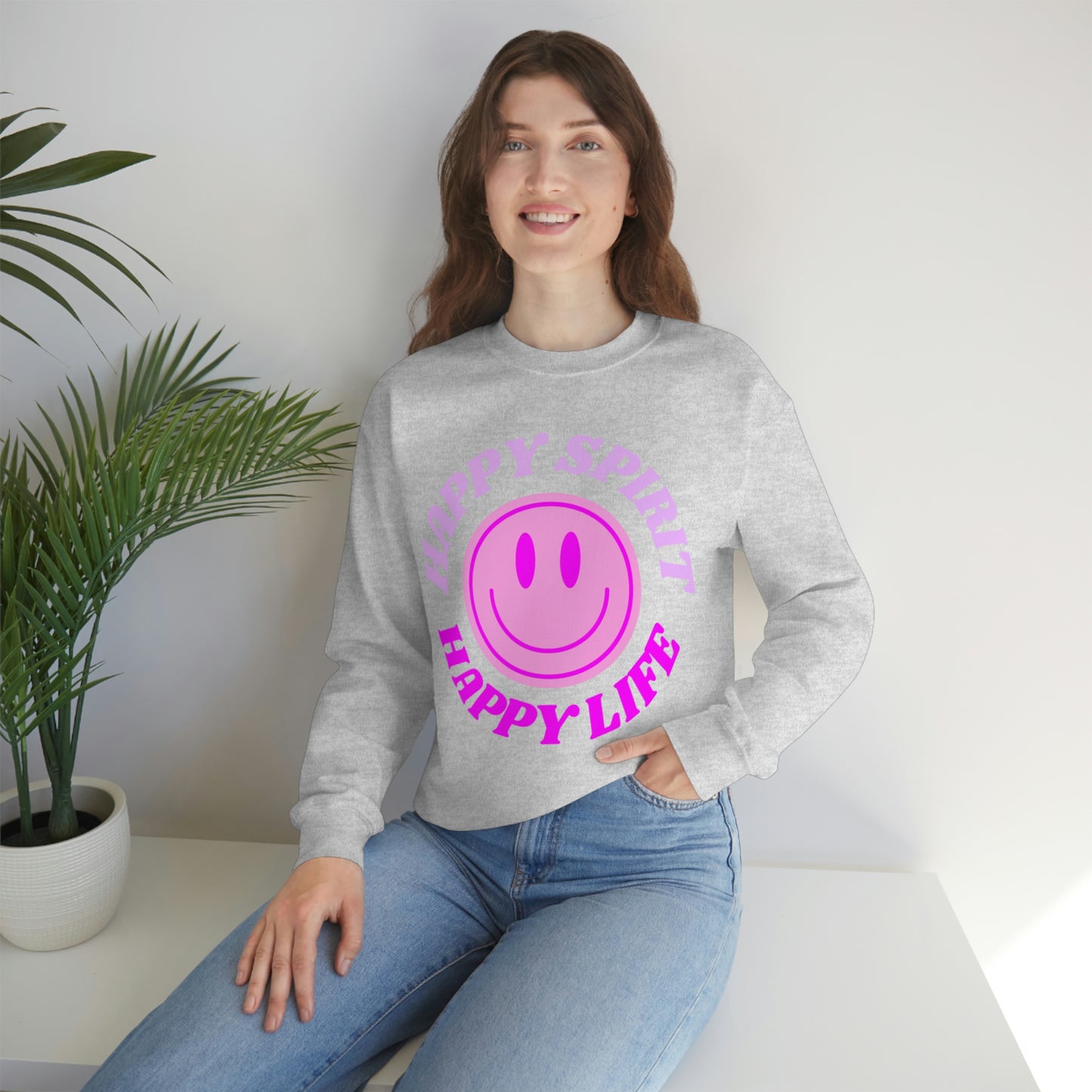 Happy Spirit Happy Life Sweatshirt, VSCO Girl Crewneck, Oversized Retro Font Graphic Tumblr, Front Print Smile Face Trendy Cover Up