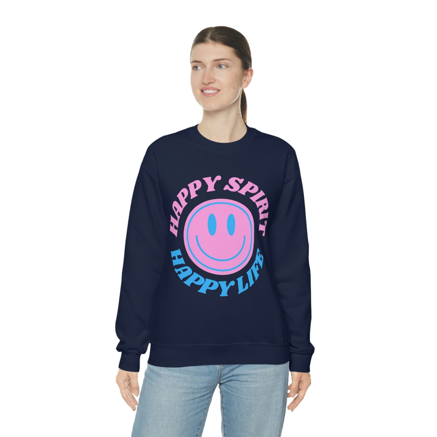 Happy Spirit Happy Life Sweatshirt, VSCO Girl Crewneck, Oversized Retro Font Graphic Tumblr, Front Print Smile Face Trendy Cover Up