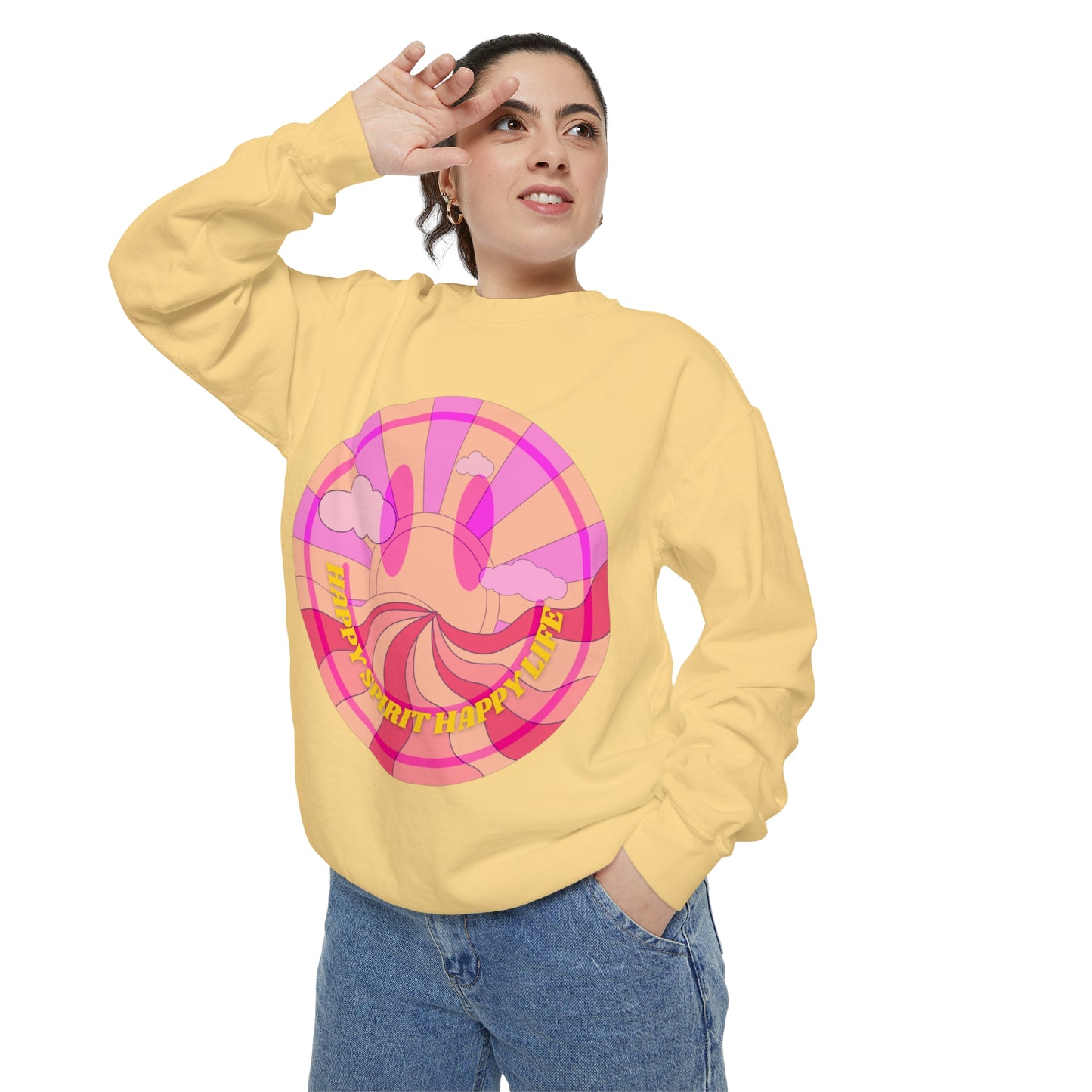 Aesthetic Smile Hoodie, Smile Face Comfort Colors Crewneck, Happy Spirit Happy Life Sunset Smile Sweatshirt, Unisex Garment-Dyed Sweatshirt