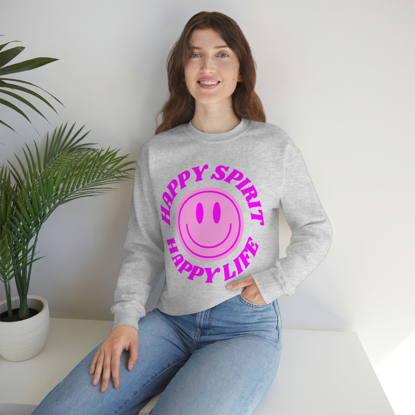 Happy Spirit Happy Life Sweatshirt, VSCO Girl Crewneck, Oversized Retro Font Graphic Tumblr, Front Print Smile Face Trendy Cover Up