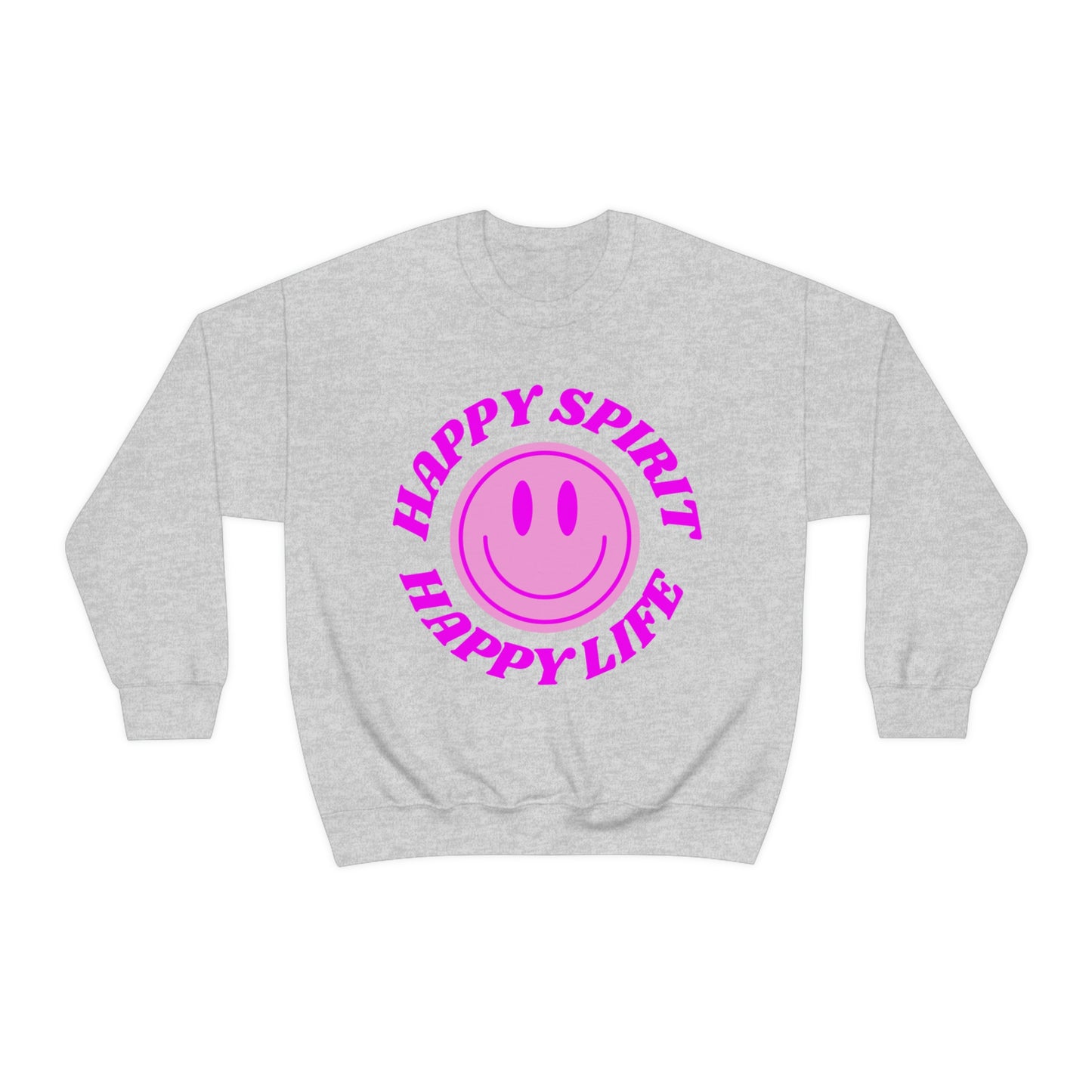 Happy Spirit Happy Life Sweatshirt, VSCO Girl Crewneck, Oversized Retro Font Graphic Tumblr, Front Print Smile Face Trendy Cover Up