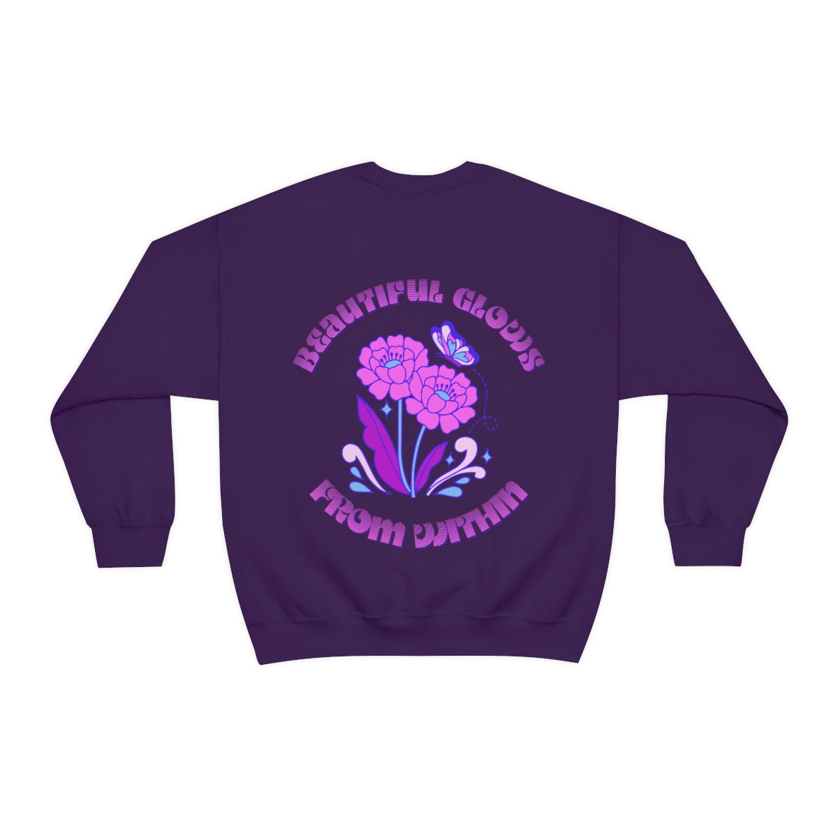 Beautiful Glows from Within Purple Flower Sweatshirt, Oversized Crewneck, Front Back Print Trendy Sweatshirt, Beach Cover Up, Lake Cover Up