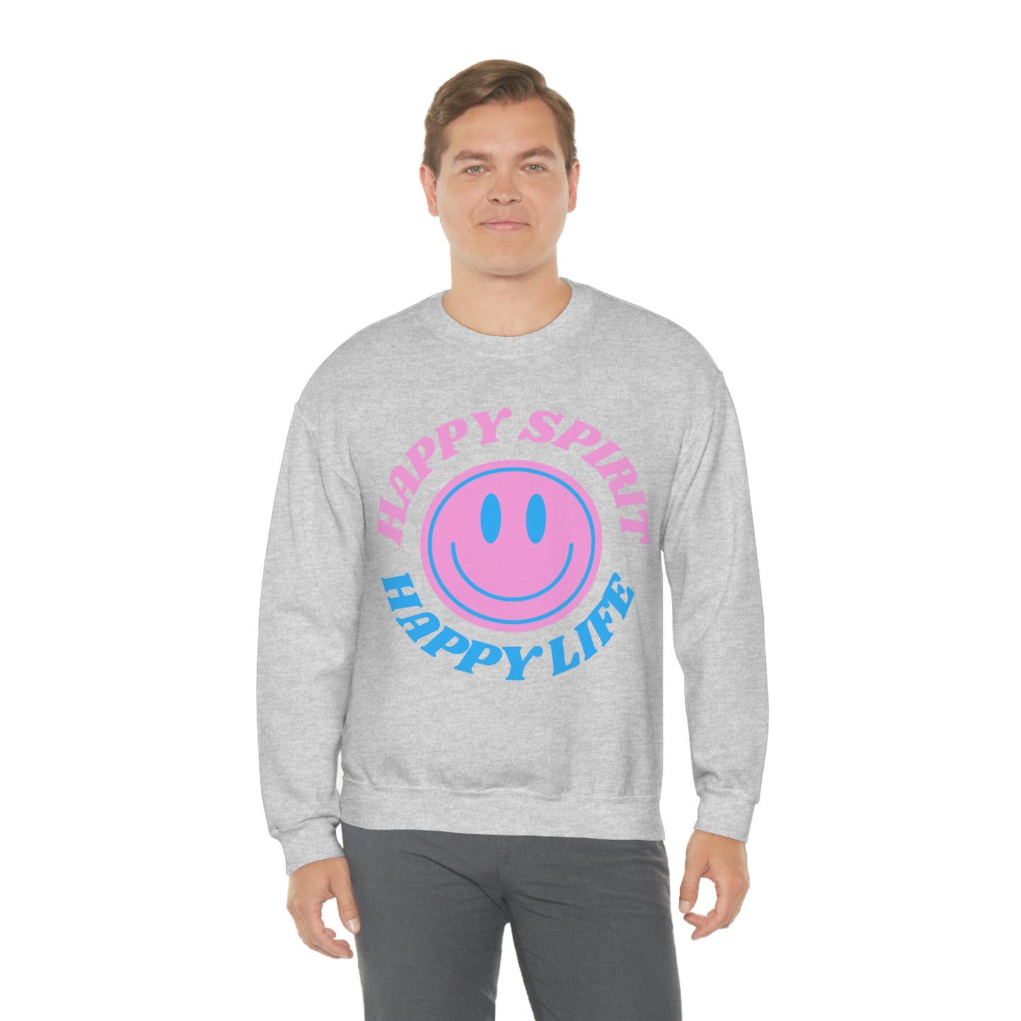 Happy Spirit Happy Life Sweatshirt, VSCO Girl Crewneck, Oversized Retro Font Graphic Tumblr, Front Print Smile Face Trendy Cover Up