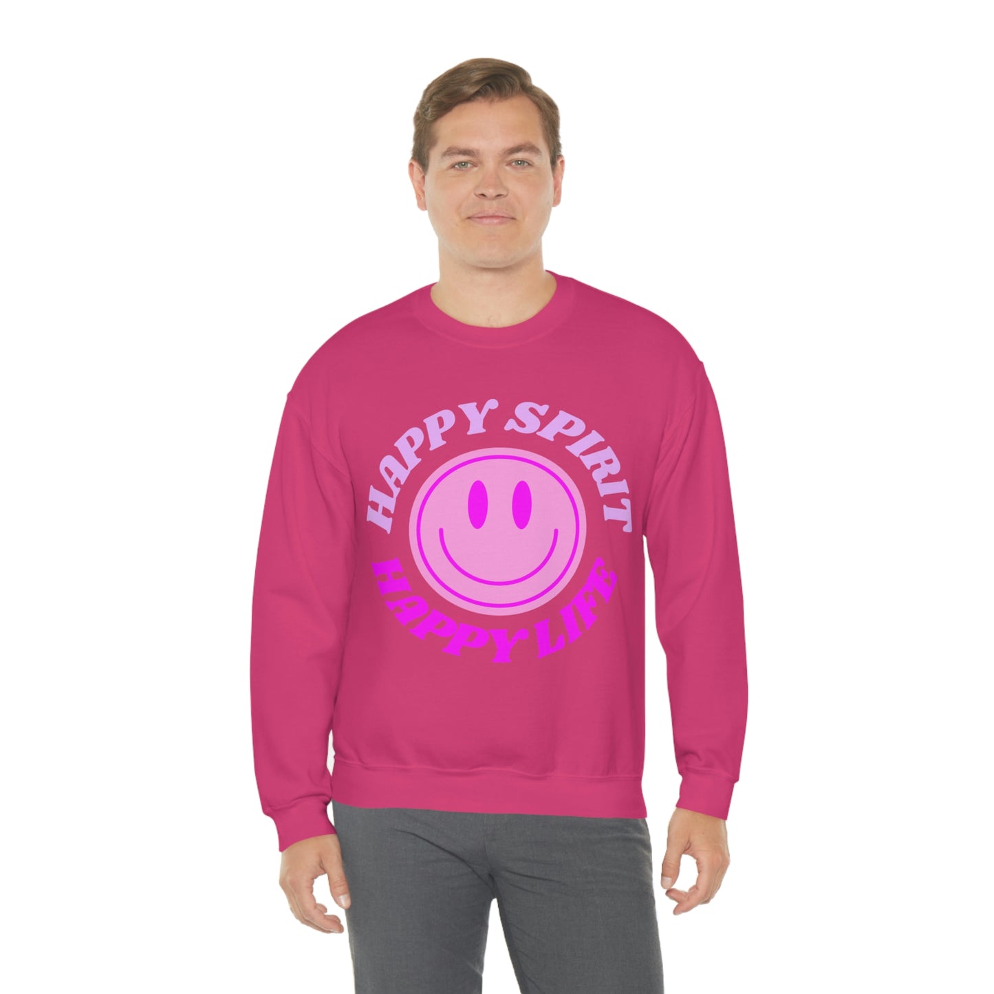 Happy Spirit Happy Life Sweatshirt, VSCO Girl Crewneck, Oversized Retro Font Graphic Tumblr, Front Print Smile Face Trendy Cover Up