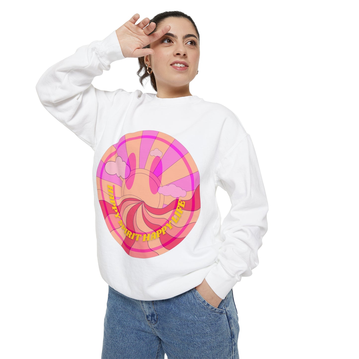 Aesthetic Smile Hoodie, Smile Face Comfort Colors Crewneck, Happy Spirit Happy Life Sunset Smile Sweatshirt, Unisex Garment-Dyed Sweatshirt