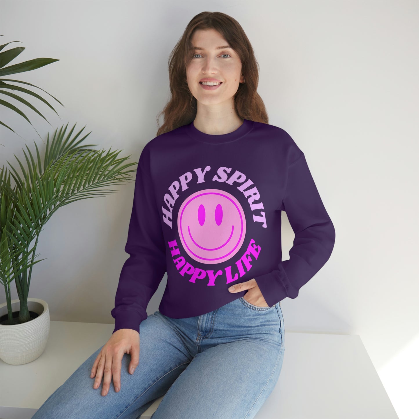 Happy Spirit Happy Life Sweatshirt, VSCO Girl Crewneck, Oversized Retro Font Graphic Tumblr, Front Print Smile Face Trendy Cover Up