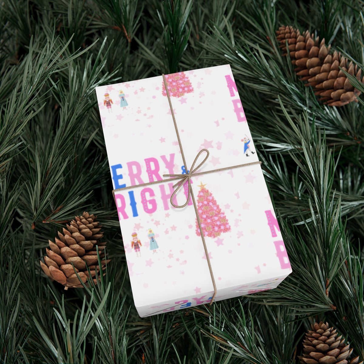 Merry and Bright Gift Wrap Paper, Pink Nutcracker Wrapping Paper, Pastel Christmas Paper, Pink Holiday Wrapping Paper