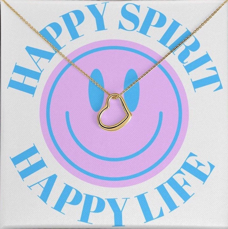 Happy Spirit Happy Life 14K Gold Minimalist Heart Necklace, Gold Heart Smile Necklace, Inspiration Necklace Gift, Vsco Girl, Happy Mind Gift