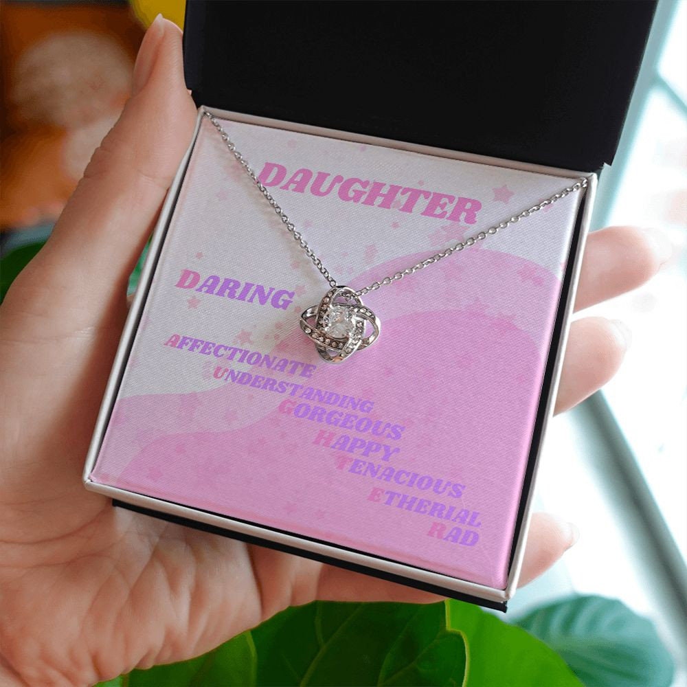 Daughter Gold Necklace, Classical Open Heart, Love Knot Necklace for Girl, Daughter Daring Retro Card Pendant Jewelry