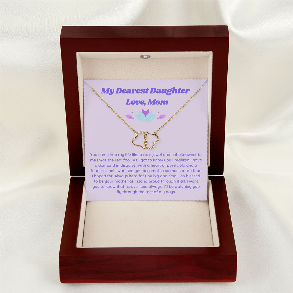 Gift to Daughter from Mom, Everlasting Love Minimalist Necklace, Gold and Diamond Double Heart Necklace for Girl with Retro Aesthetic Card