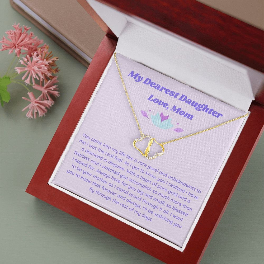 Gift to Daughter from Mom, Everlasting Love Minimalist Necklace, Gold and Diamond Double Heart Necklace for Girl with Retro Aesthetic Card