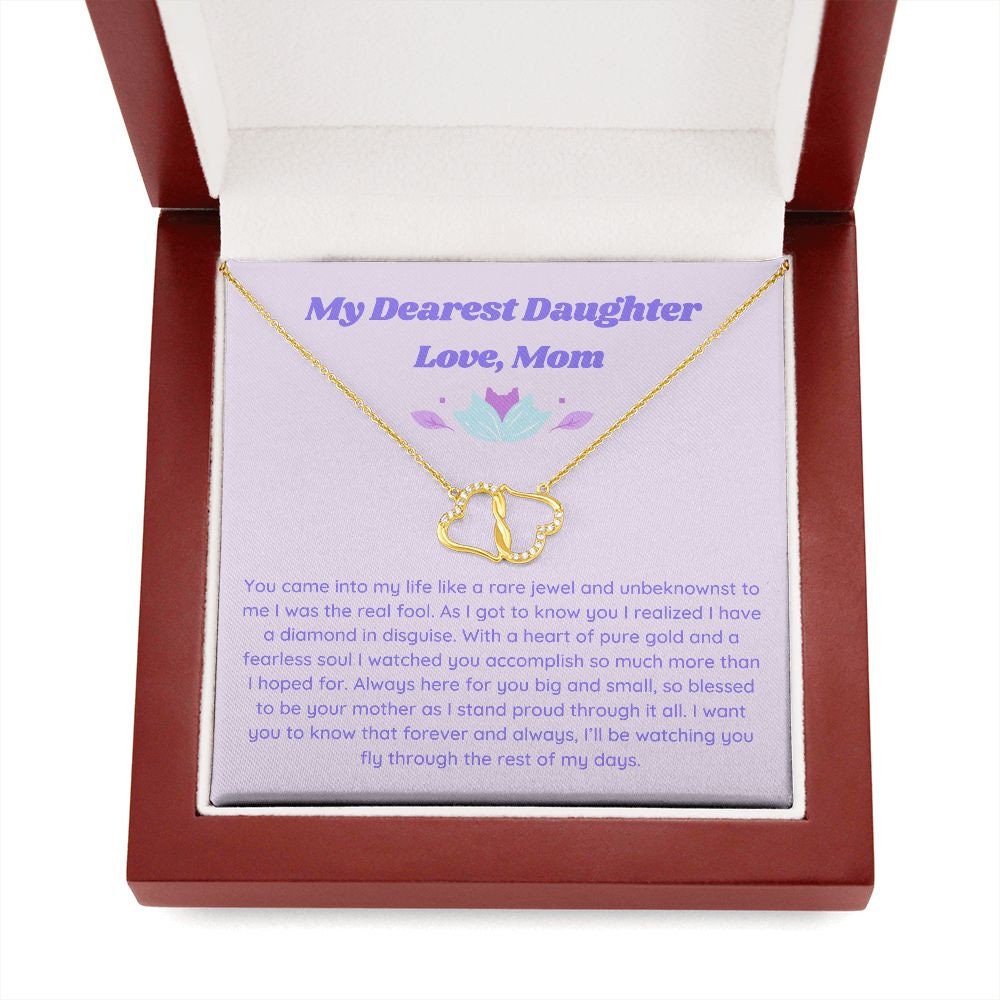 Gift to Daughter from Mom, Everlasting Love Minimalist Necklace, Gold and Diamond Double Heart Necklace for Girl with Retro Aesthetic Card