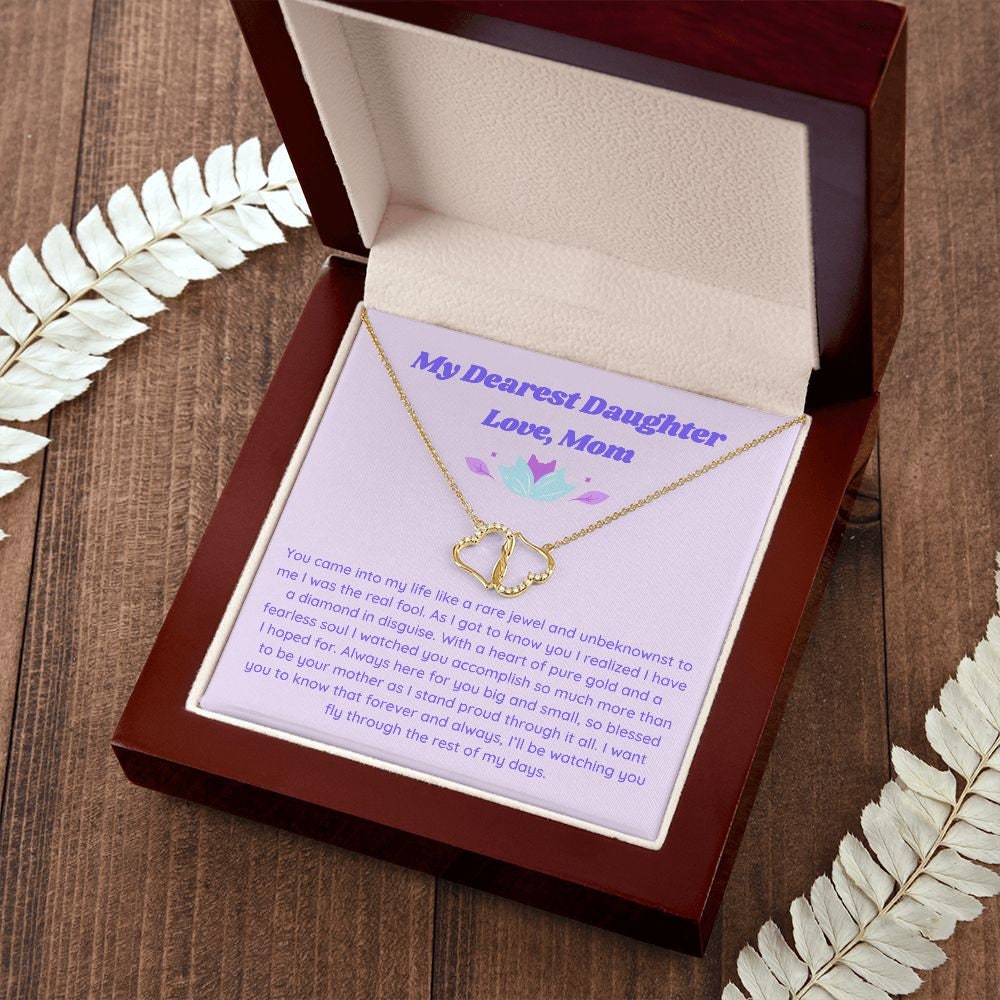 Gift to Daughter from Mom, Everlasting Love Minimalist Necklace, Gold and Diamond Double Heart Necklace for Girl with Retro Aesthetic Card