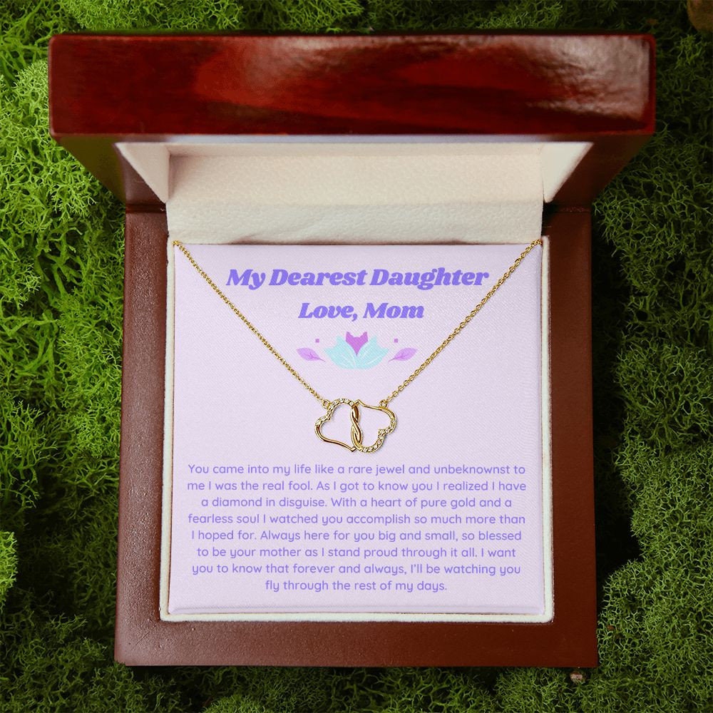 Gift to Daughter from Mom, Everlasting Love Minimalist Necklace, Gold and Diamond Double Heart Necklace for Girl with Retro Aesthetic Card