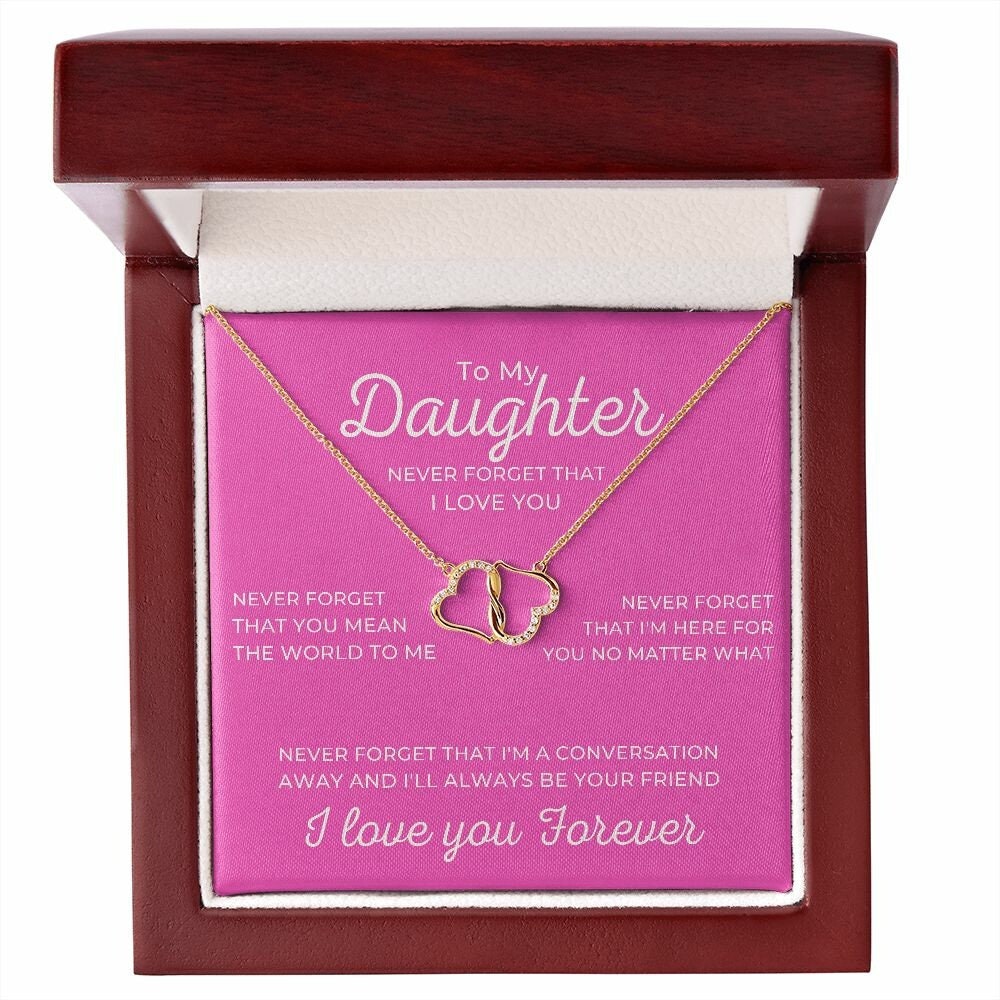 To My Daughter Pink Card with Diamond and Gold Double Heart Everlasting Love Necklace