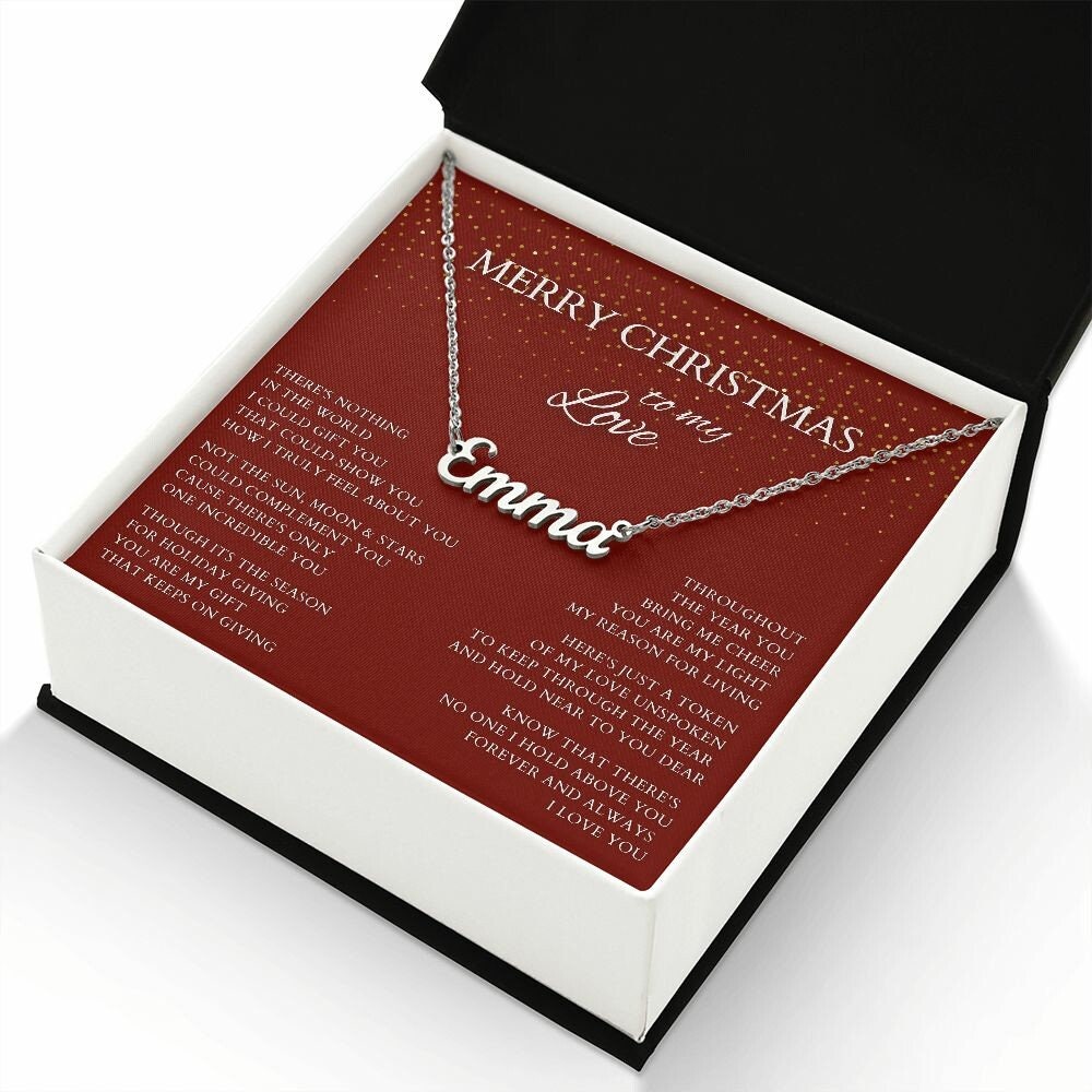 Merry Christmas Name Necklace to My Wife, Holiday Custom Minimalist Necklace with Poem for Love, Lover, Life Partner