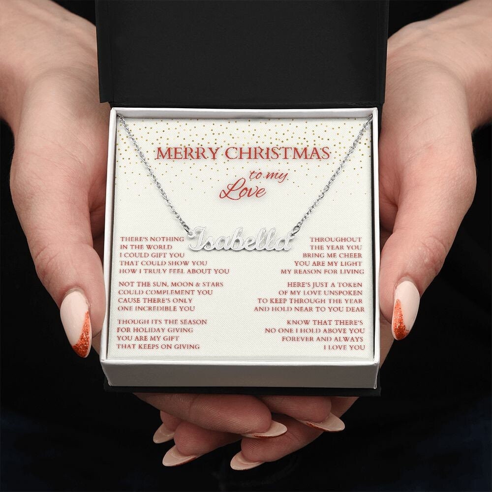 Merry Christmas Name Necklace to My Wife, Holiday Custom Minimalist Necklace with Poem for Love, Lover, Life Partner