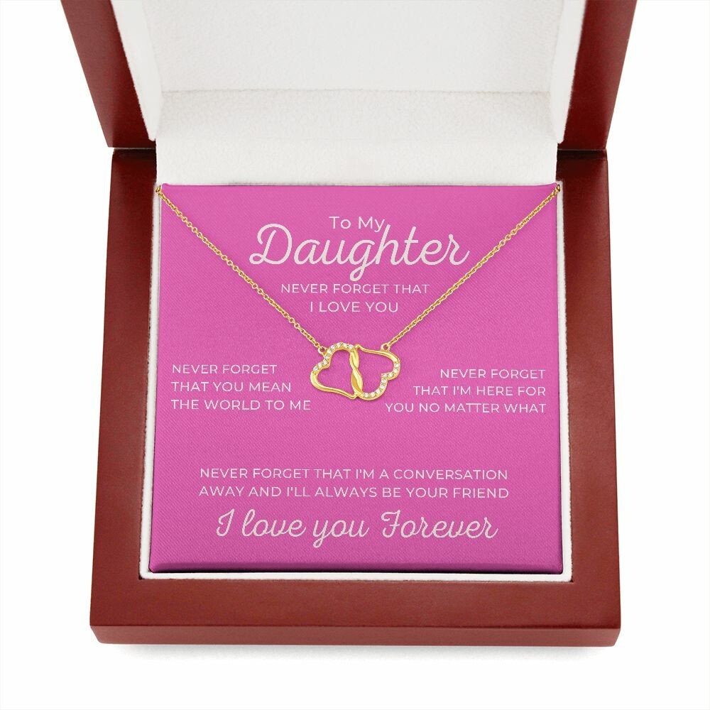 To My Daughter Pink Card with Diamond and Gold Double Heart Everlasting Love Necklace