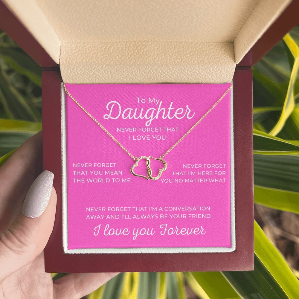 To My Daughter Pink Card with Diamond and Gold Double Heart Everlasting Love Necklace