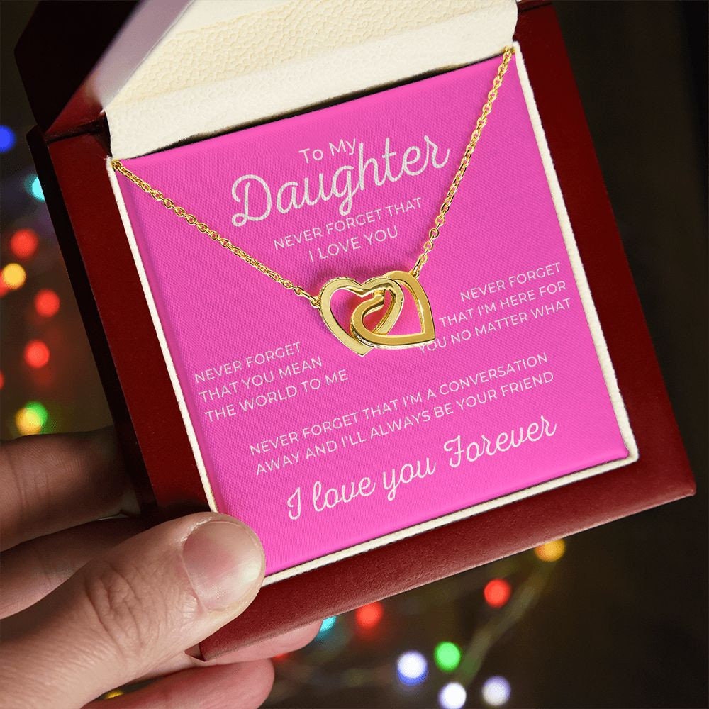 To My Daughter I Love You Forever Necklace, Rose or Yellow Gold Interlocking Hearts Minimalist Gift