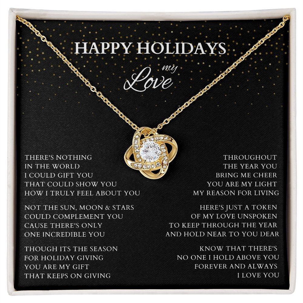 Happy Holidays My Love Love Knot Gold Necklace, Holiday Gift for Wife, Holiday Necklace for Lover