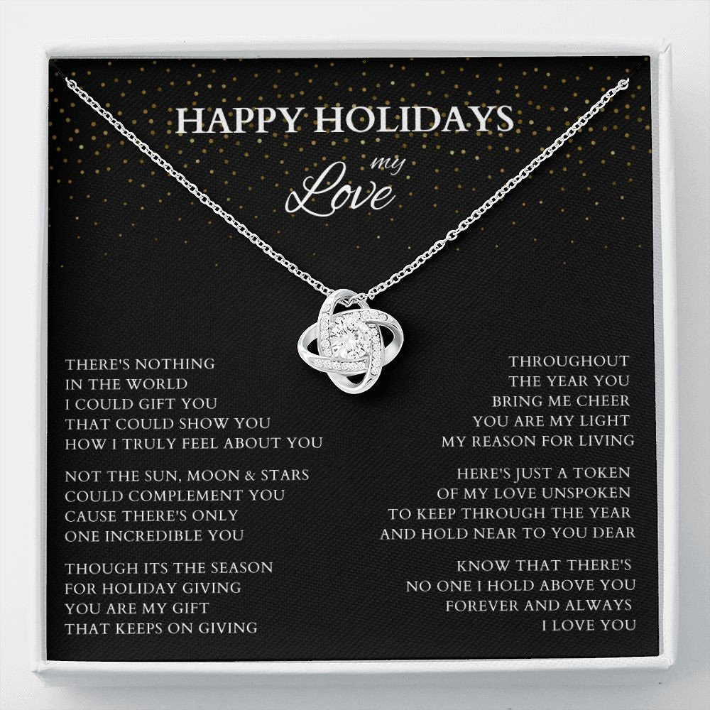 Happy Holidays My Love Love Knot Gold Necklace, Holiday Gift for Wife, Holiday Necklace for Lover