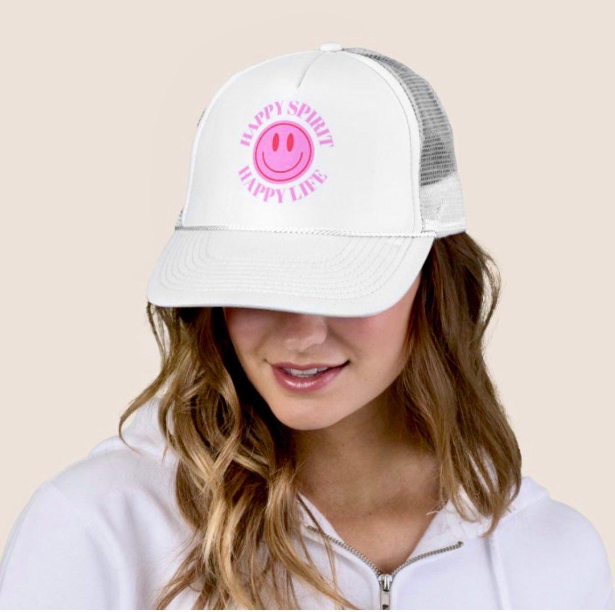 Hat Happy Spirit Happy Life- Aesthetic Hat, Smile Tumblr hat, Trendy Oversized hat, Vsco girl, Pink Graphic Trucker Hat, Baseball Hat