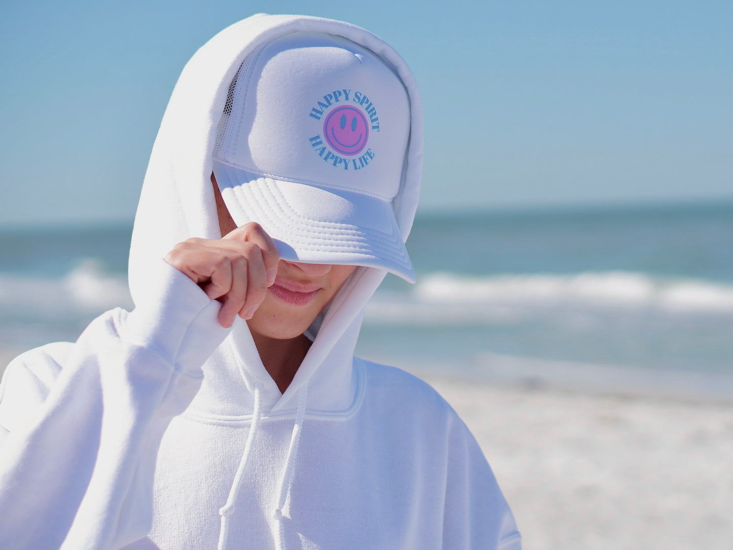 White Hat Happy Spirit Happy Life- Aesthetic Trucker Hat, Smile Tumblr hat, Trendy Oversized hat, Vsco girl, Pink Graphic Trucker Hat, Baseball Hat