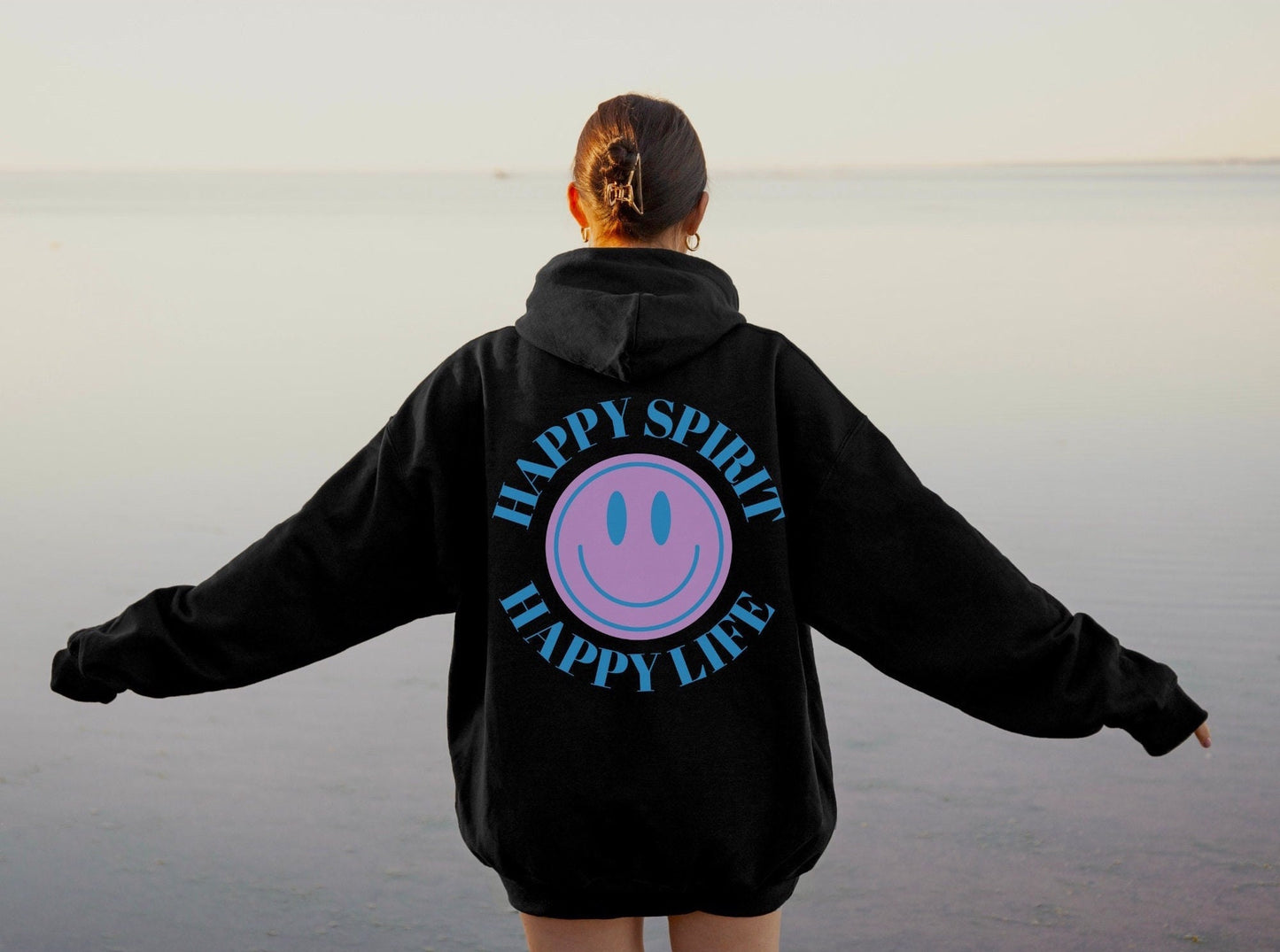 Happy Spirit Happy Life Sweatshirt, Gildan 18500 Hoodie, Oversized Hoodie, Back Print Trendy Sweatshirt, Beach Cover Up, Lake Cover Up
