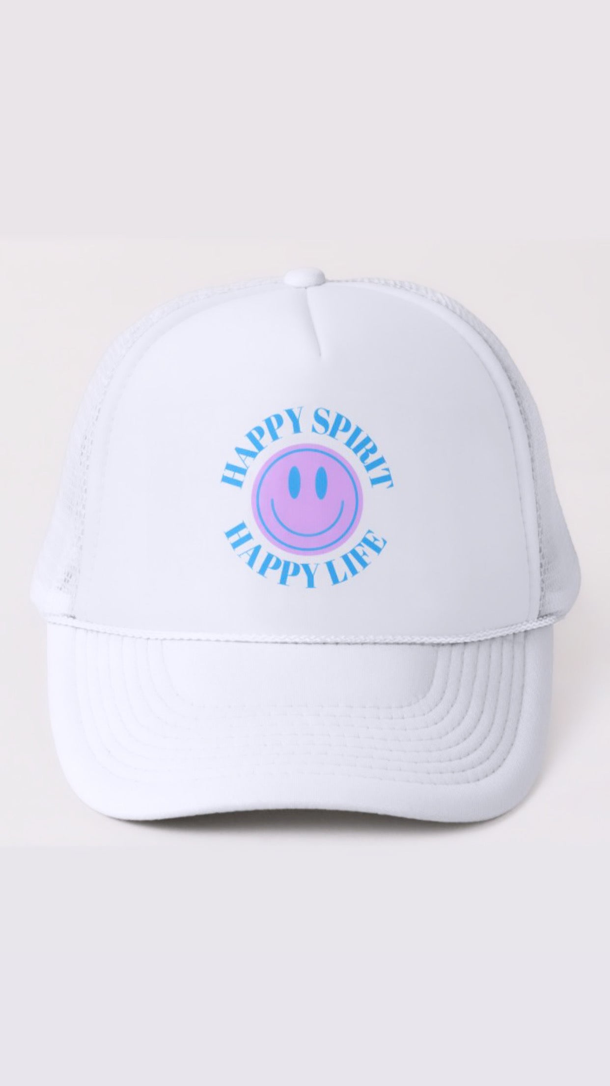 White Hat Happy Spirit Happy Life- Aesthetic Trucker Hat, Smile Tumblr hat, Trendy Oversized hat, Vsco girl, Pink Graphic Trucker Hat, Baseball Hat