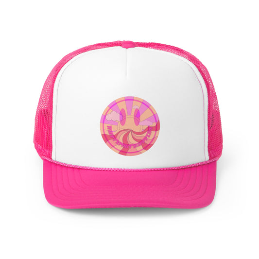 Hat Happy Spirit Happy Life, Aesthetic Sunset Hat, Smile Tumblr Hat, Trendy Trucker Hat, Vsco Girl, Pink Graphic Trucker Hat, Baseball Hat