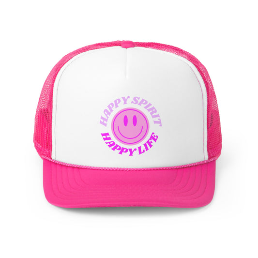 Hat Happy Spirit Happy Life- Aesthetic Hat, Smile Tumblr hat, Trendy Oversized hat, Vsco girl, Pink Graphic Trucker Hat, Baseball Hat