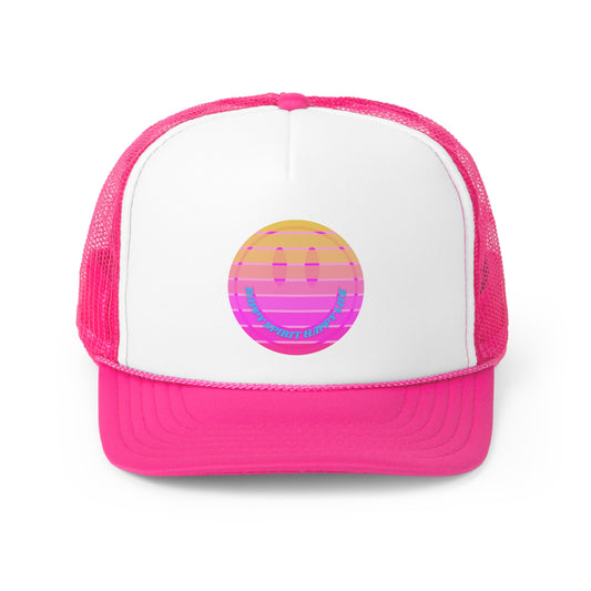 Hat Happy Spirit Happy Life, Aesthetic Sunset Hat, Smile Tumblr Hat, Trendy Trucker Hat, Vsco Girl, Pink Graphic Trucker Hat, Baseball Hat