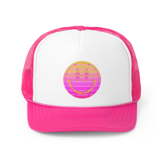 Hat Happy Spirit Happy Life, Aesthetic Sunset Hat, Smile Tumblr Hat, Trendy Trucker Hat, Vsco Girl, Pink Graphic Trucker Hat, Baseball Hat