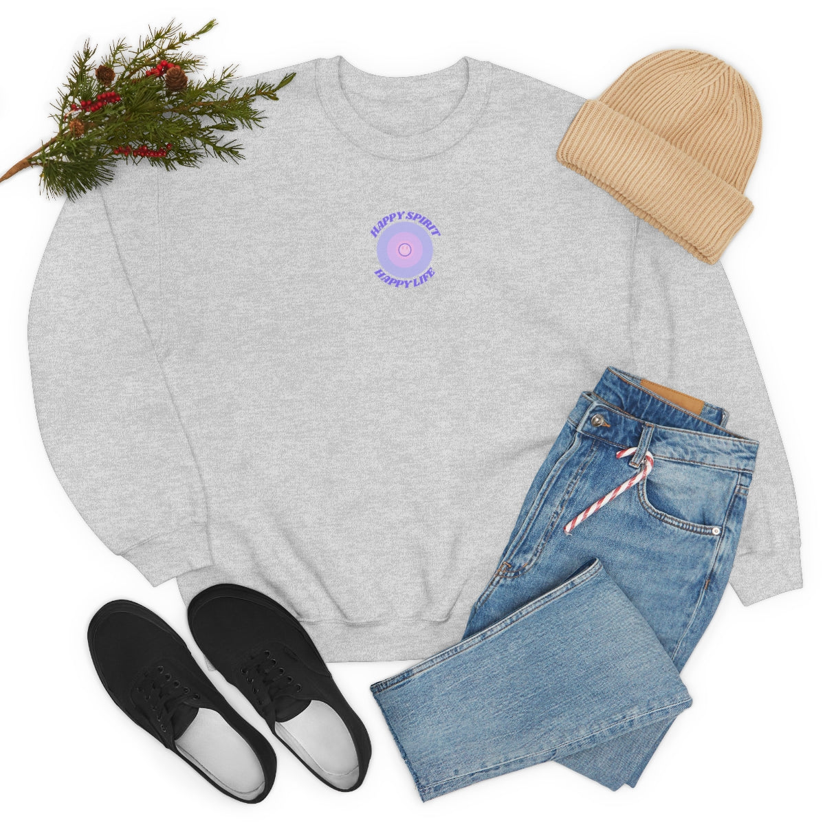 Retro Happy Spirit Happy Life Lavender Lilac Pink Smile Graphic Crewneck, VSCO Girl Sweatshirt, Tumblr Oversized Trendy Back Print Pullover