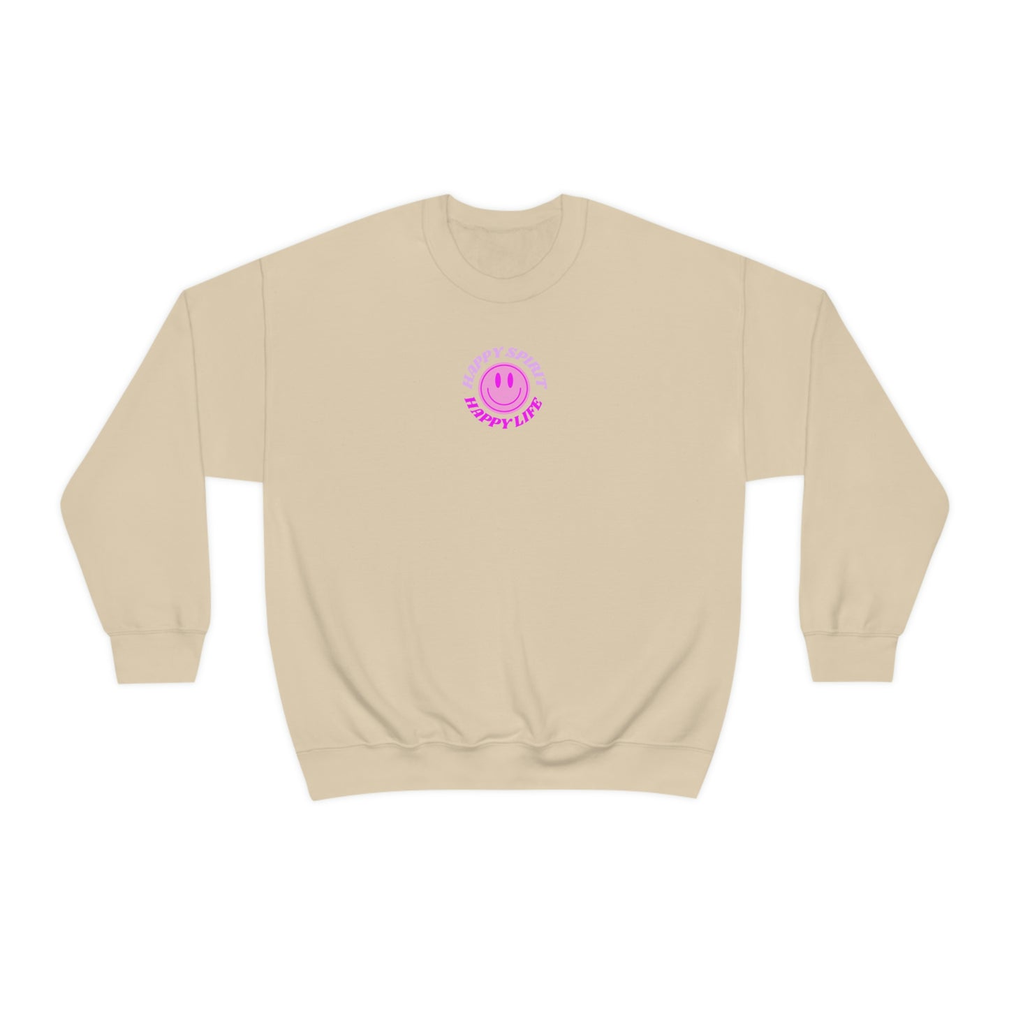 Happy Spirit Happy Life Sweatshirt, Gildan VSCO Girl Crewneck, Oversized Tumblr Front Back Print Smile Happy Mind Trendy Retro Surf Font