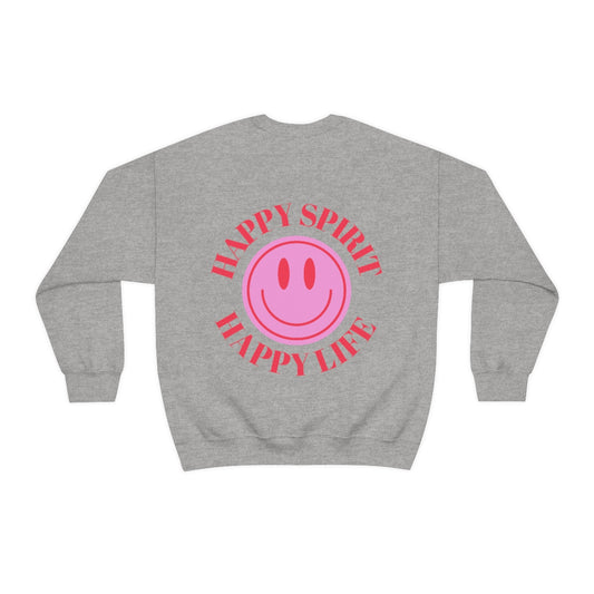 Happy Spirit Happy Life Sweatshirt, Gildan VSCO Girl Crewneck, Oversized Tumblr Front Back Print Smile Happy Mind Trendy Beach Lake Cover Up