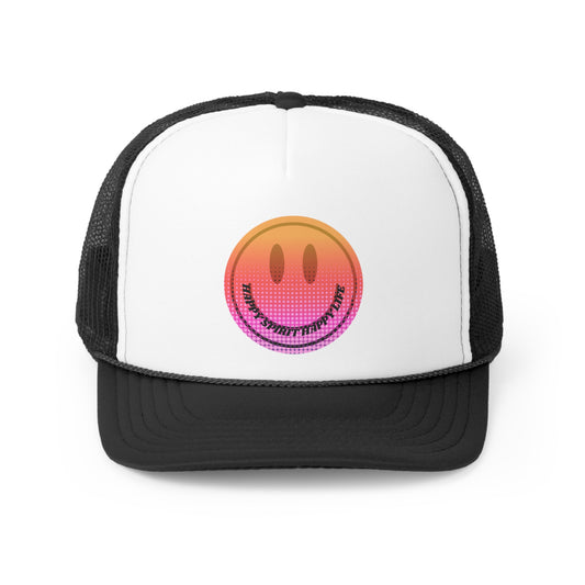 Hat Happy Spirit Happy Life, Aesthetic Sunset Hat, Smile Tumblr Hat, Trendy Trucker Hat, Vsco Girl, Pink Graphic Trucker Hat, Baseball Hat