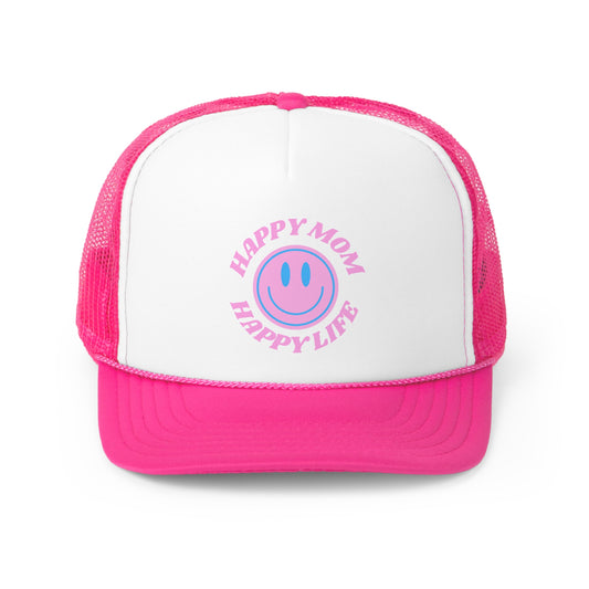 Pink Trucker Hat, Happy Mom Happy Life Hat, Pink Aesthetic Hat, Mother's Day Gift, Mother's Day Hat, Mom Hat, Trendy Smile Face Pink Hat