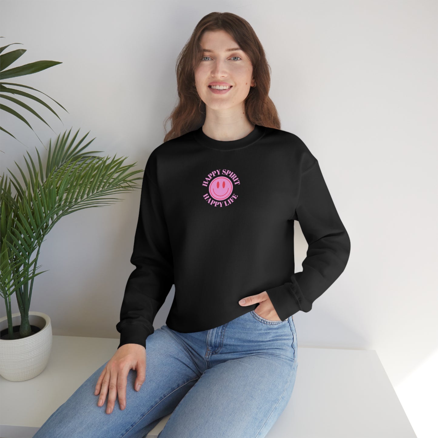 Happy Spirit Happy Life Sweatshirt, Gildan VSCO Girl Crewneck, Oversized Tumblr Front Back Print Smile Happy Mind Trendy Loungewear