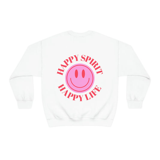 Happy Spirit Happy Life Sweatshirt, Gildan VSCO Girl Crewneck, Oversized Tumblr Front Back Print Smile Happy Mind Trendy Beach Lake Cover Up