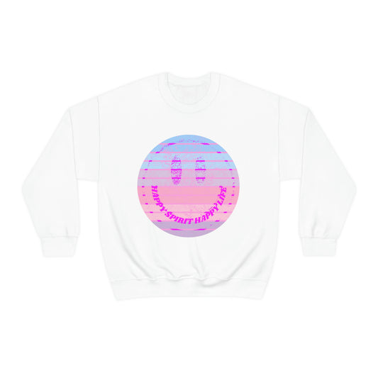 Happy Spirit Happy Life Sweatshirt, VSCO Girl Crewneck, Oversized Retro Font Graphic Tumblr, Front Print Smile Face Trendy Cover Up