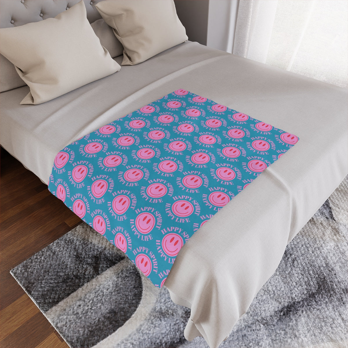 Adult Pink Smile Minky Blanket, Happy Spirit Happy Life Happy Mind Blanket, Aesthetic Blanket, Adult Fleece Smile Pink Y2k Throw