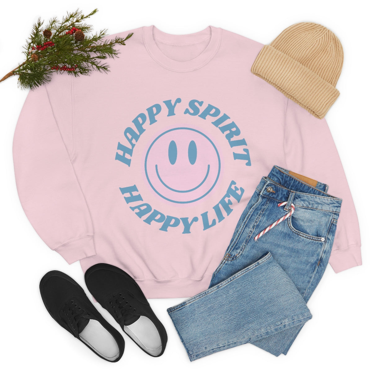 Happy Spirit Happy Life Sweatshirt, VSCO Girl Crewneck, Oversized Retro Font Graphic Tumblr, Front Print Smile Face Trendy Cover Up Top