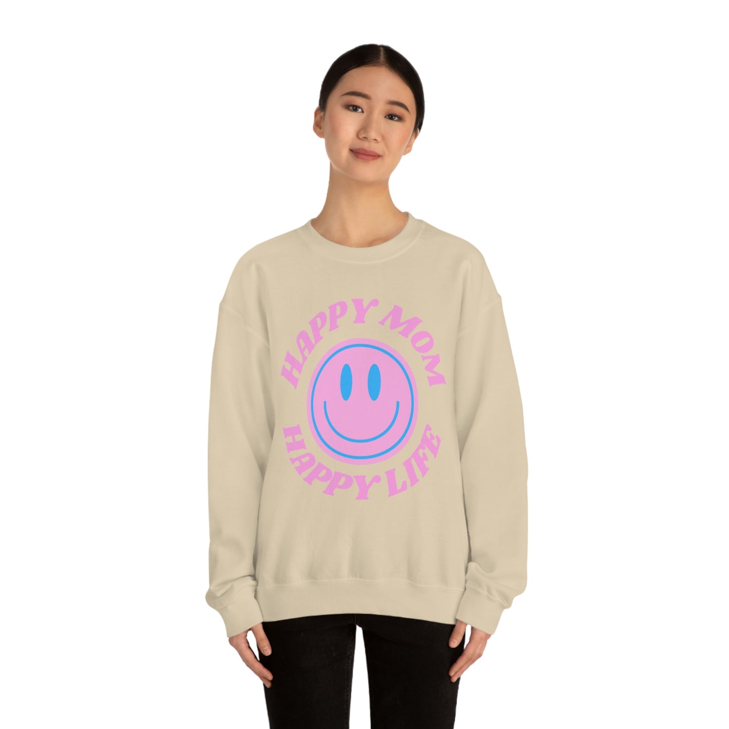 Happy Mom Happy Life Sweatshirt, Mother's Day Gift Sweatshirt, Mom Crewneck, Gift for Mom, Smile Face Trendy Crewneck, Mom's Day Gift