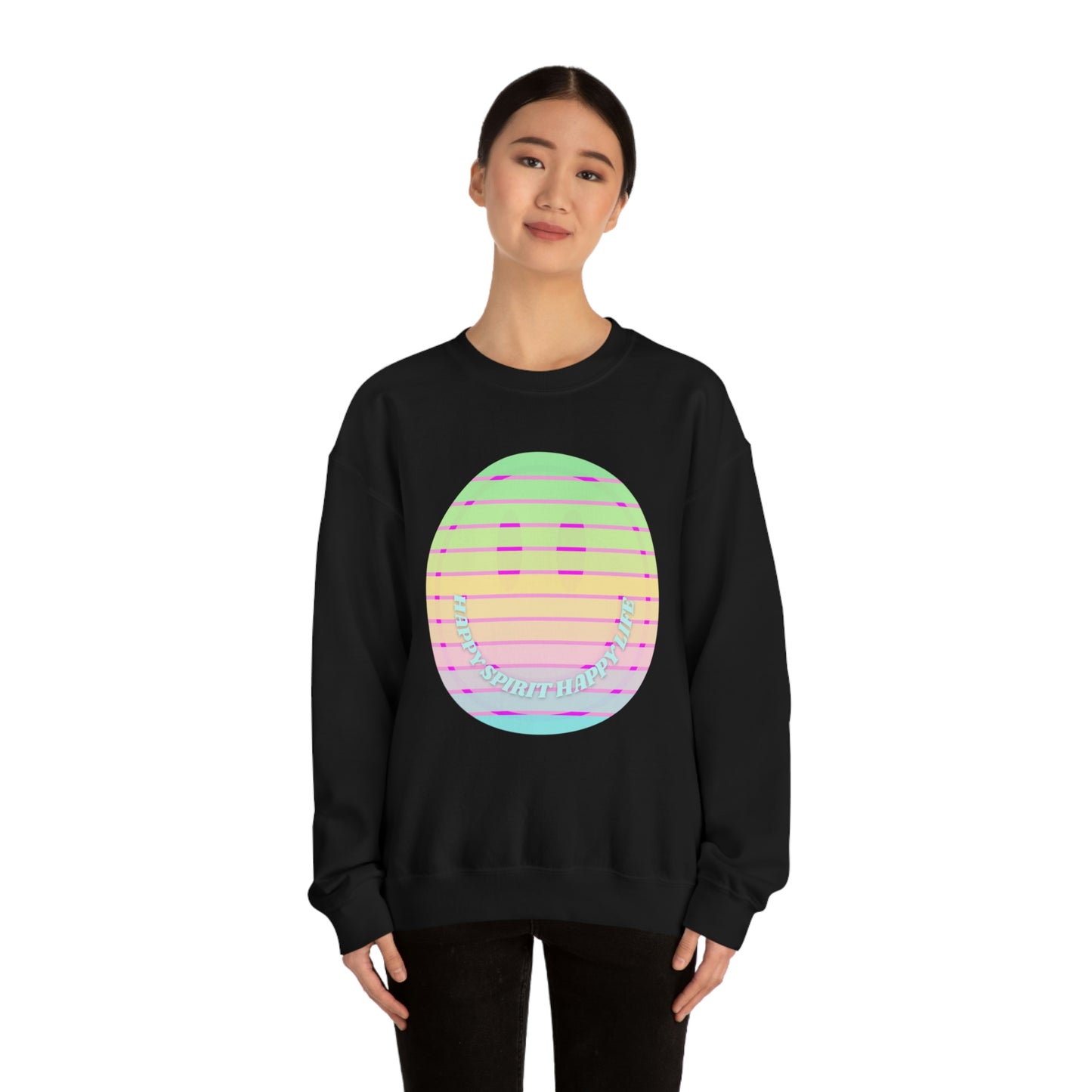 Happy Spirit Happy Life Sweatshirt, VSCO Girl Crewneck, Oversized Retro Font Graphic Tumblr, Front Print Smile Face Trendy Cover Up
