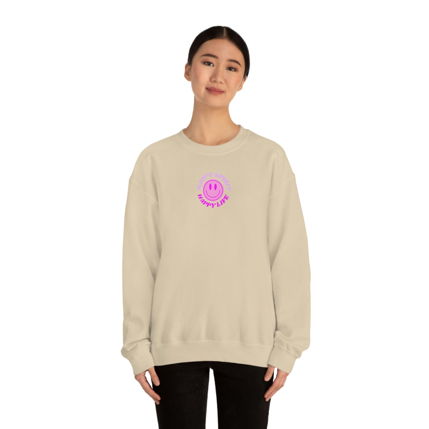 Happy Spirit Happy Life Sweatshirt, Gildan VSCO Girl Crewneck, Oversized Tumblr Front Back Print Smile Happy Mind Trendy Retro Surf Font