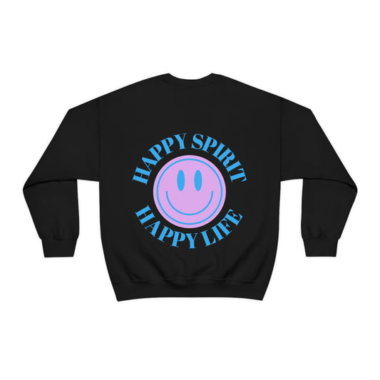 Happy Spirit Happy Life Sweatshirt, Gildan VSCO Girl Crewneck, Oversized Tumblr Front Back Print Smile Happy Mind Trendy Beach Lake Cover Up