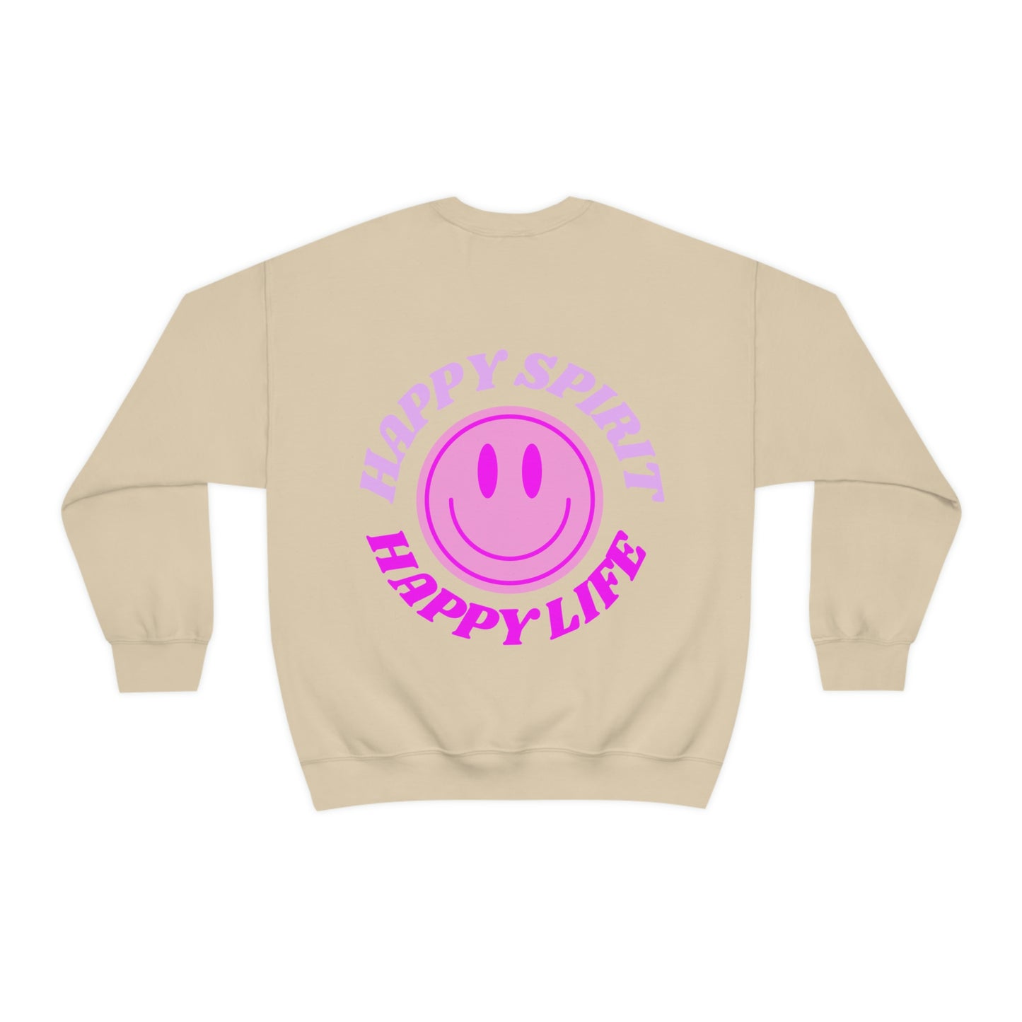 Happy Spirit Happy Life Sweatshirt, Gildan VSCO Girl Crewneck, Oversized Tumblr Front Back Print Smile Happy Mind Trendy Retro Surf Font