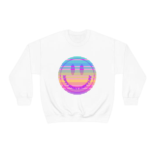 Happy Spirit Happy Life Sweatshirt, VSCO Girl Crewneck, Oversized Retro Font Graphic Tumblr, Front Print Smile Face Trendy Cover Up